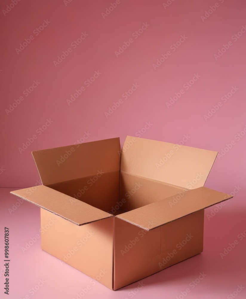 Aufkleber An open cardboard box with its flaps open, set against a pink background