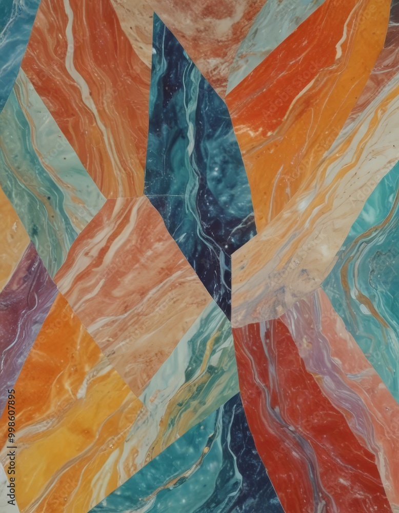 Poster an abstract painting featuring a vibrant composition of overlapping geometric shapes in various colors, including shades of orange, blue, green, and purple