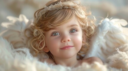 Fototapeta premium A joyful child with curly hair, surrounded by fluffy feathers in a soft, serene setting during golden hour. Generative AI