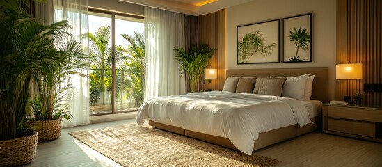 Fototapeta premium Modern bedroom interior with large bed, wooden headboard, and two tropical plants near a window.