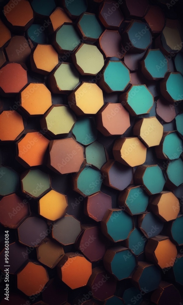 Poster a vibrant pattern of overlapping hexagonal shapes in various shades of orange, yellow, green, blue, 
