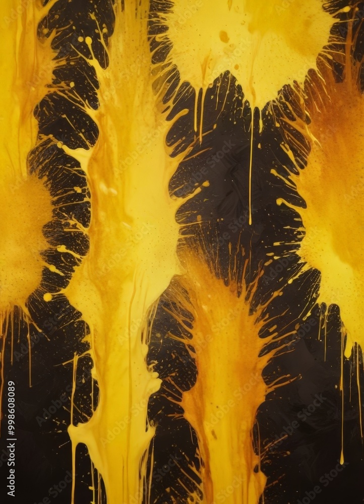 Poster a striking abstract painting with a bold, textured appearance the dominant colors are black and yell