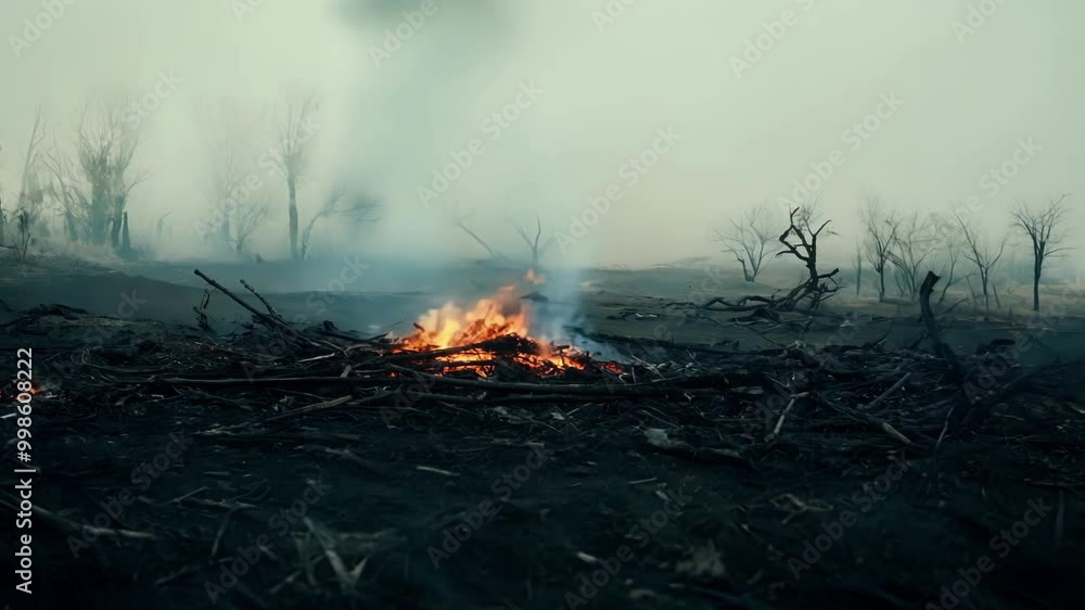 Poster Flames engulfing a pile of branches in the foreground, creating a hazy atmosphere in a forest ravaged by fire, with charred trees in the background