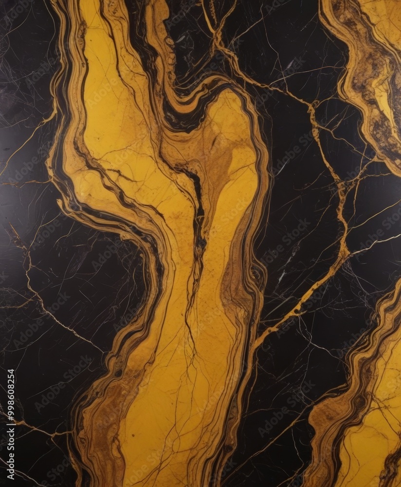 Poster a close-up view marble surface with a striking pattern of black and gold swirls and lines