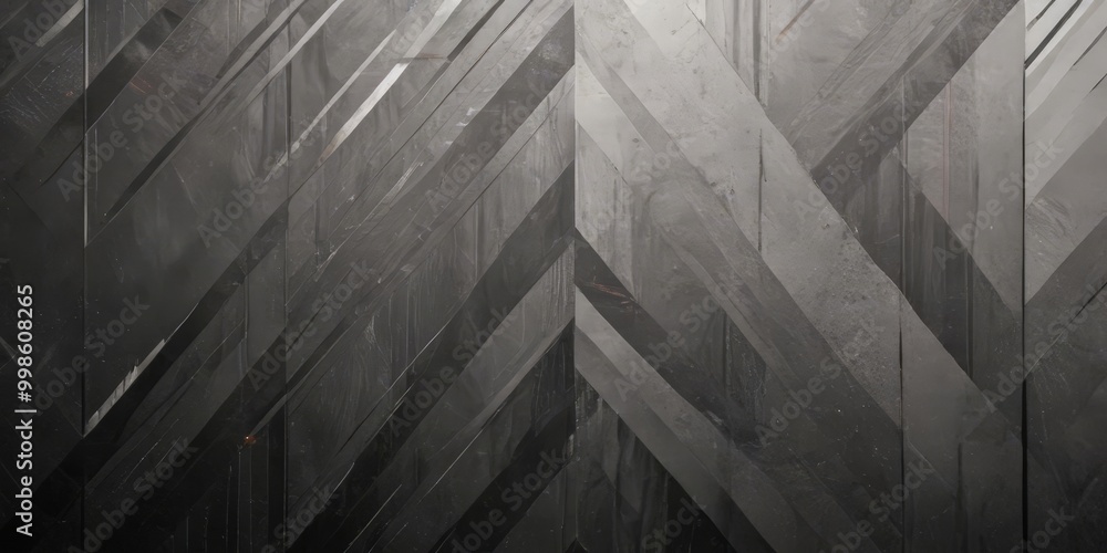Poster a close-up view textured, abstract pattern composed of diagonal lines and rectangles in shades of gray and black