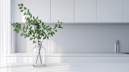 An all-white minimalist kitchen featuring one glass vase with fresh green leaves on the counter. The scene is calm, with no other decor, highlighting clean lines and open space