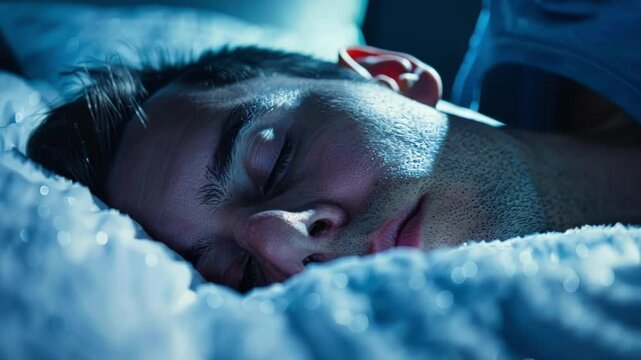 Man peacefully sleeps in bed at night, surrounded by calming technology enhancing his dreams in a dark, serene bedroom