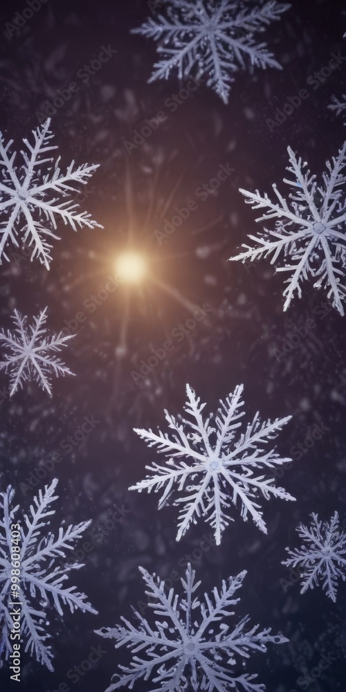 Aufkleber a dark background with numerous white snowflakes scattered throughout, each with unique and intricate designs In the center, a bright light shines, casting a warm glow