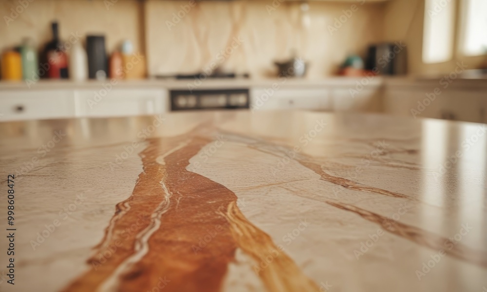 Poster a close-up view marble countertop with a distinctive pattern, set against a blurred kitchen backgrou