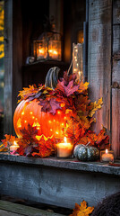 Obraz premium Festive Pumpkin with Autumn Leaves and Cozy Candle