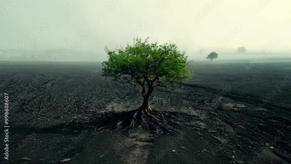 Poster Lone tree with exposed roots is standing on scorched earth, creating a powerful image of resilience and the aftermath of a devastating wildfire