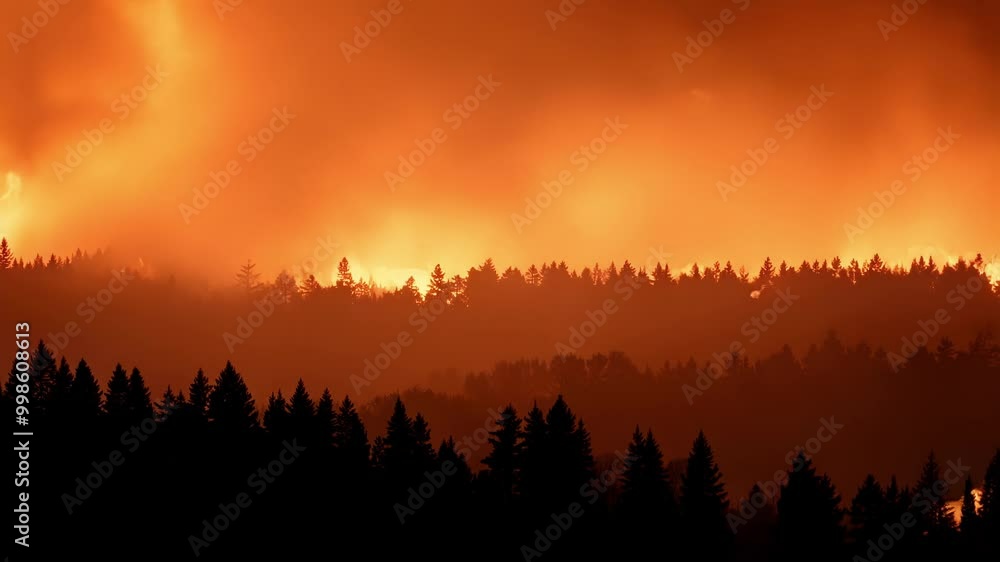 Poster intense wildfire burning with bright orange flames in a forest of trees on the side of a mountain, c