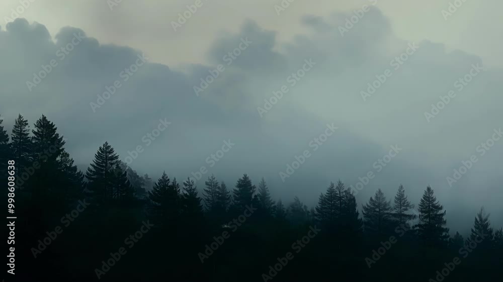 Poster dark, ominous clouds are rolling in over a mountainside, silhouetting the evergreen trees below and 
