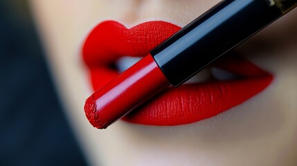 A close up of a woman's lips with a red lipstick
