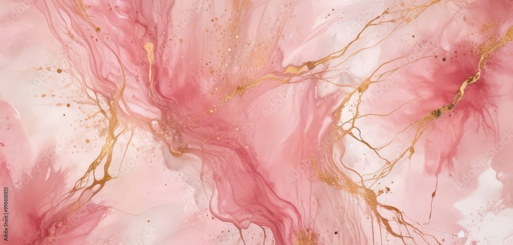 Aufkleber a pink and gold abstract background with swirling patterns and splashes of color, creating a dynamic and visually striking composition