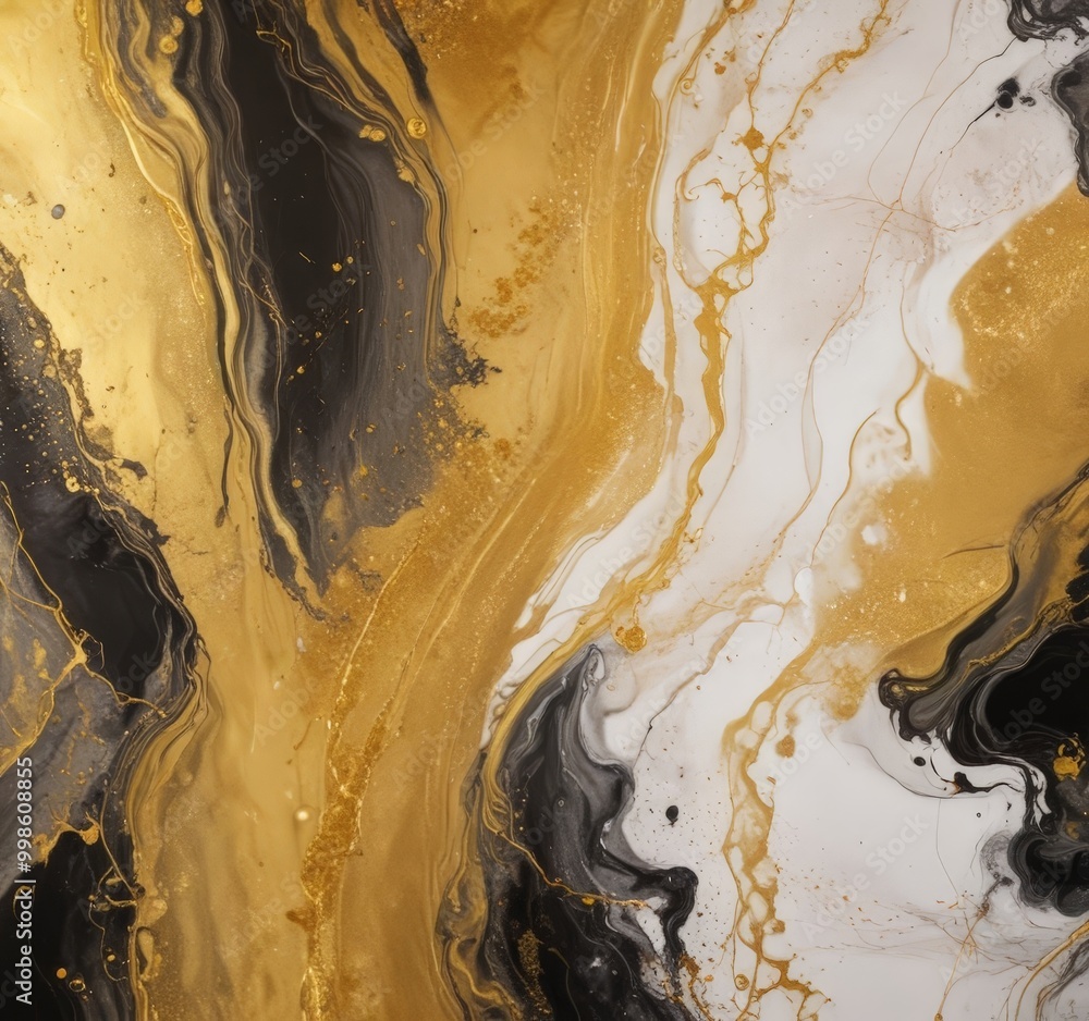 Poster a close-up view of an abstract painting with swirling patterns of black, white, and gold colors