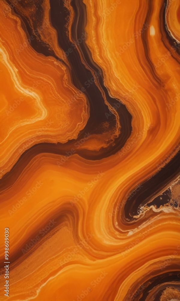 Poster a close-up view marble surface with a swirling pattern of orange and brown hues, creating a sense of movement and depth