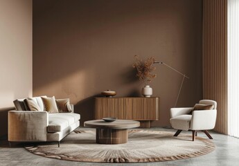 Modern living room interior with brown walls and stylish furniture