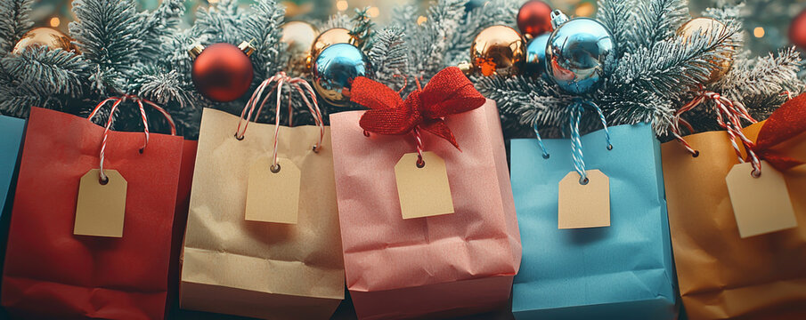 Colorful Christmas gift bags adorned with tags and festive ornaments, nestled among frosted pine branches, creating a cheerful holiday shopping scene.