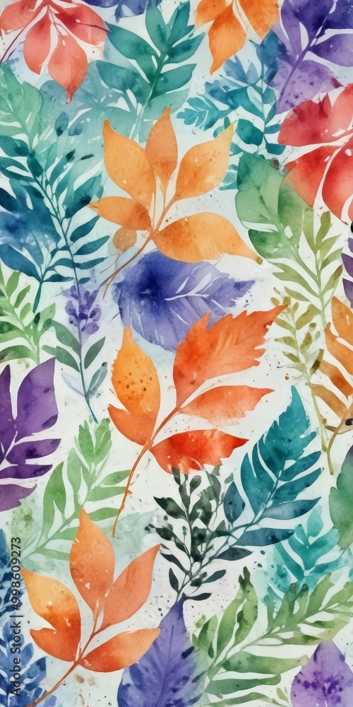 Poster a vibrant and colorful pattern of tropical leaves in various shades of orange, green, blue, and purp