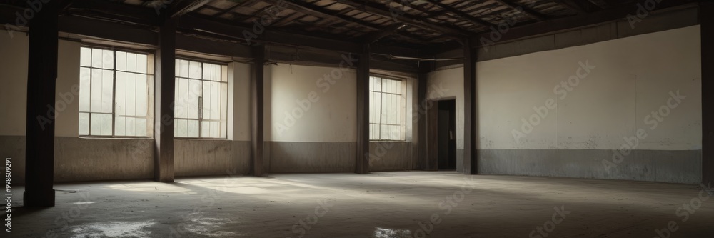 Poster an empty room with large windows, concrete floors, and exposed wooden beams and columns, creating a 
