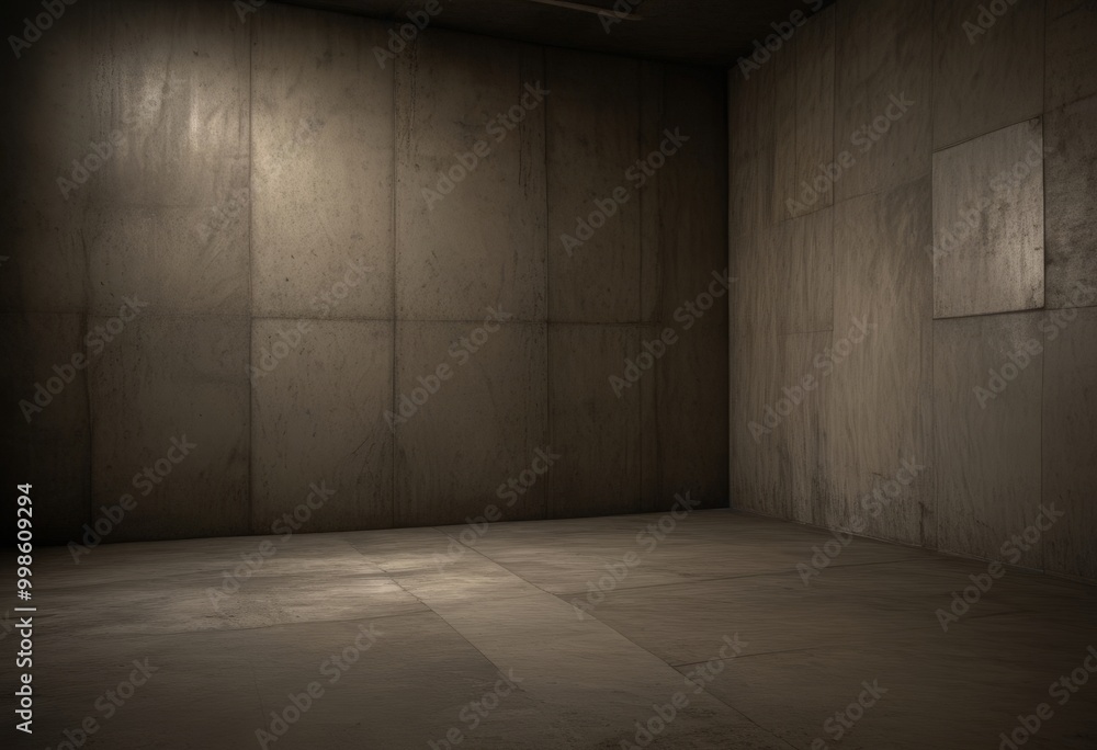 Poster A dimly lit, empty room with concrete walls and a concrete floor, illuminated by a single light source on the left side