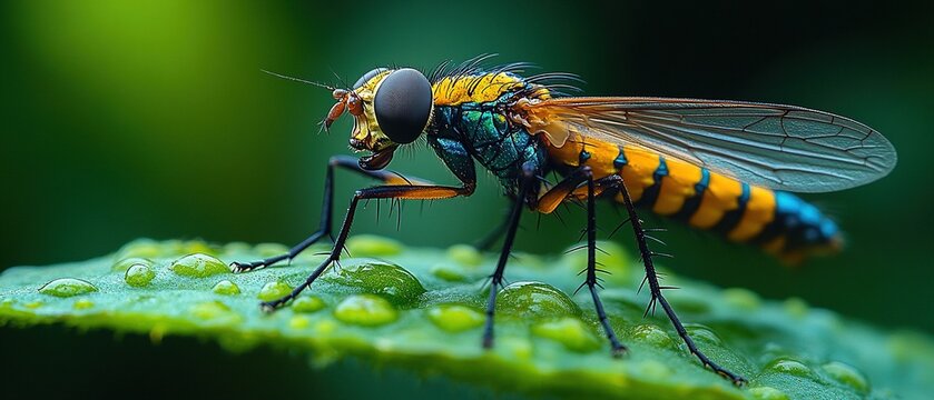 Close-Up of a Snake Fly Perched on a Leaf, Showcasing Intricate Details and Vivid Colors in Nature