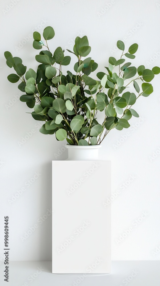 Poster Eucalyptus leaves in a white pot on a white background.