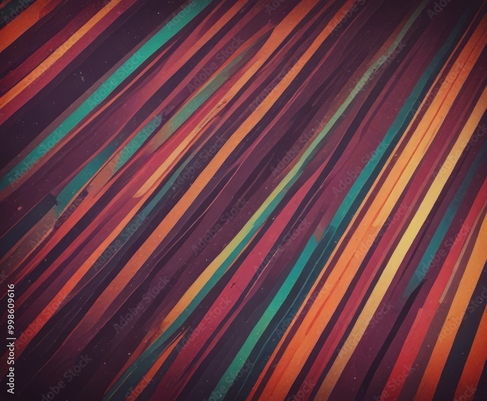 Poster a vibrant abstract pattern composed of diagonal lines in various colors, including shades of orange,