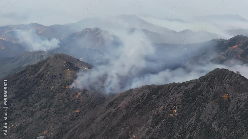 Poster burning wildfires on mountain slopes create large smoke clouds, posing danger to the environment. ur