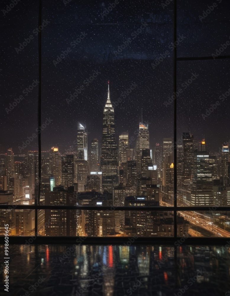 Poster a nighttime cityscape is visible through a window, with the illuminated skyscrapers and roads reflec