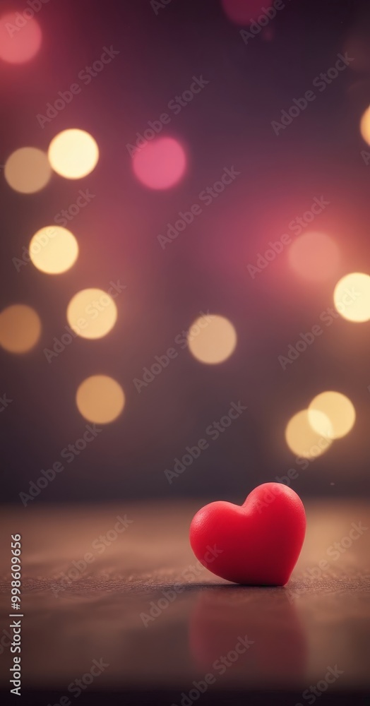 Poster a red heart-shaped object sits on a wooden surface, with a blurred background of colorful bokeh ligh