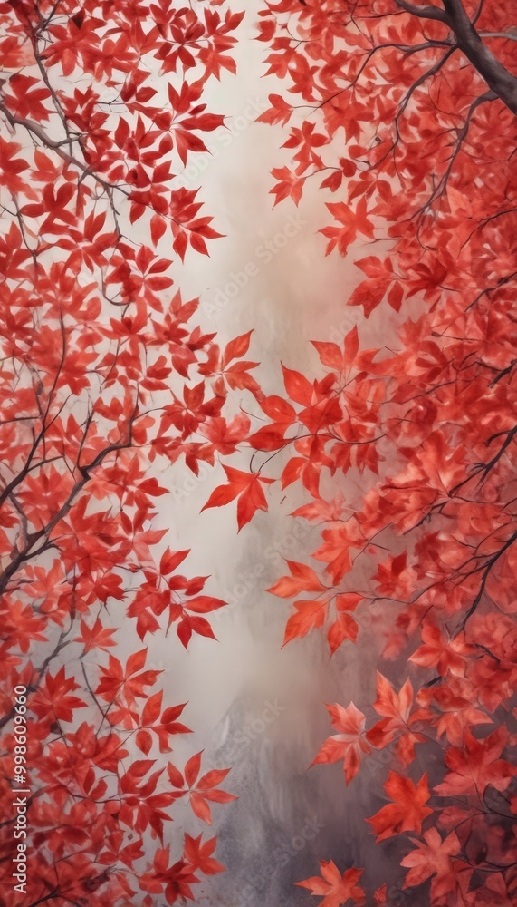 Poster a serene autumn scene with a waterfall cascading through a forest of trees adorned with vibrant red leaves The waterfall is centrally positioned, creating a sense of depth