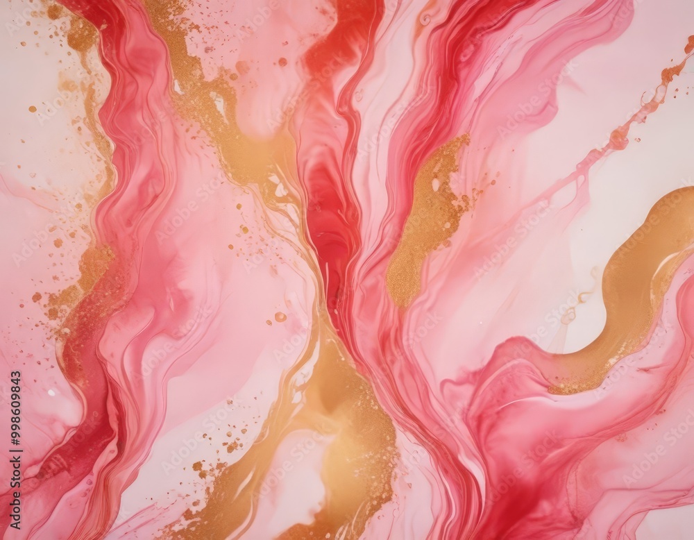 Poster a vibrant abstract pattern with pink and gold hues, resembling the swirling motion liquid The pattern is composed of curved lines and splashes of color, creating a