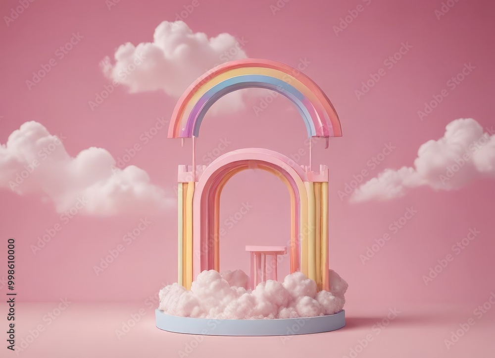 Poster a whimsical, three-dimensional scene featuring a pink and yellow archway with a rainbow-colored arch