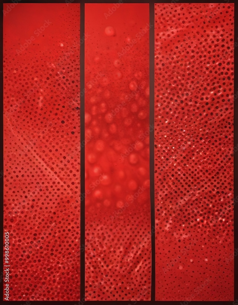 Poster a triptych featuring three distinct sections red surface with varying patterns and textures The top section is a vertical red stripe with a polka dot
