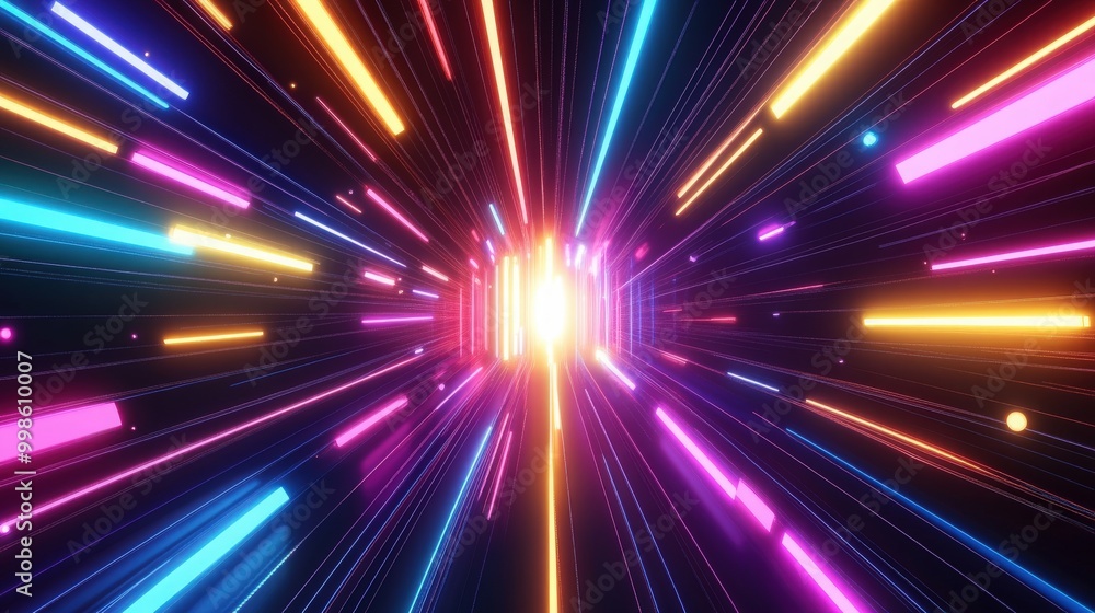 Poster colorful 3d abstract background featuring bright neon rays and glowing lines, showcasing a dynamic a