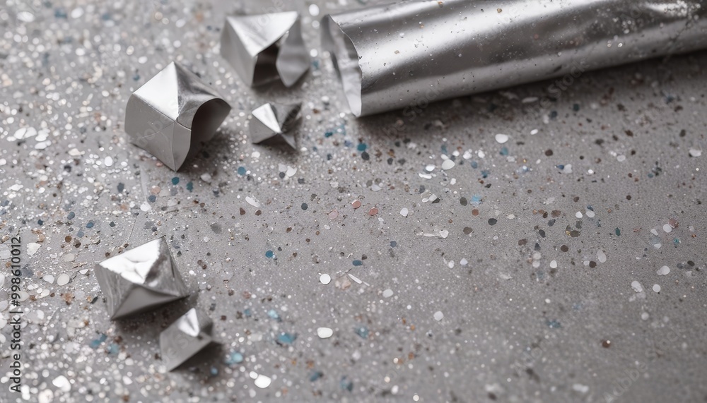 Poster a close-up view silver foil tube with a broken end, scattered on a speckled gray surface