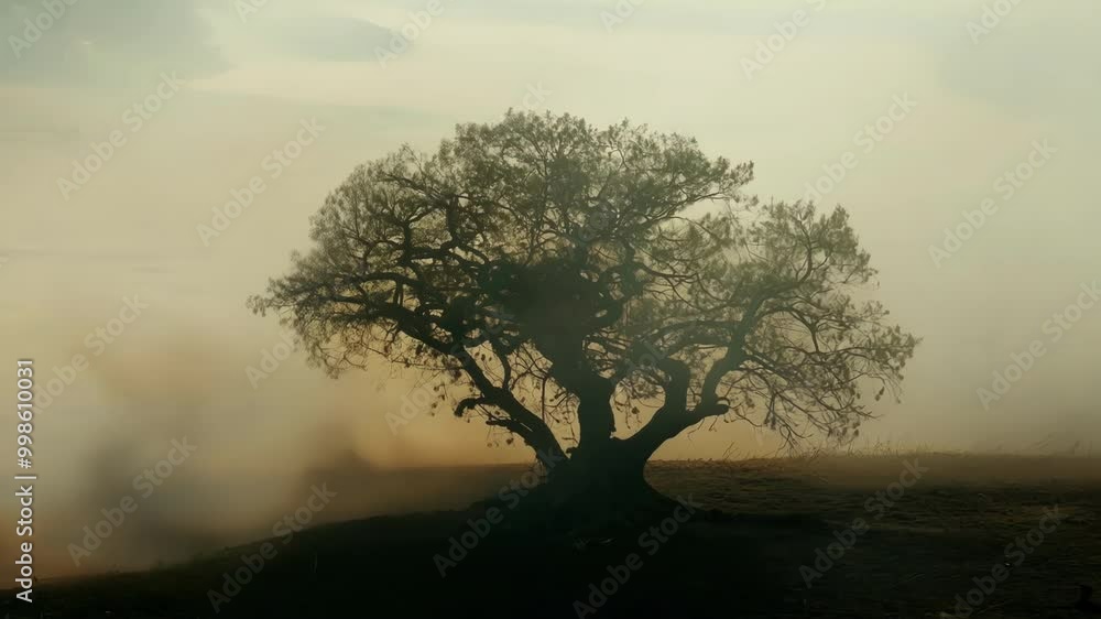Poster lone tree is silhouetted against a smoky, foggy landscape, its branches reaching towards the sky in 