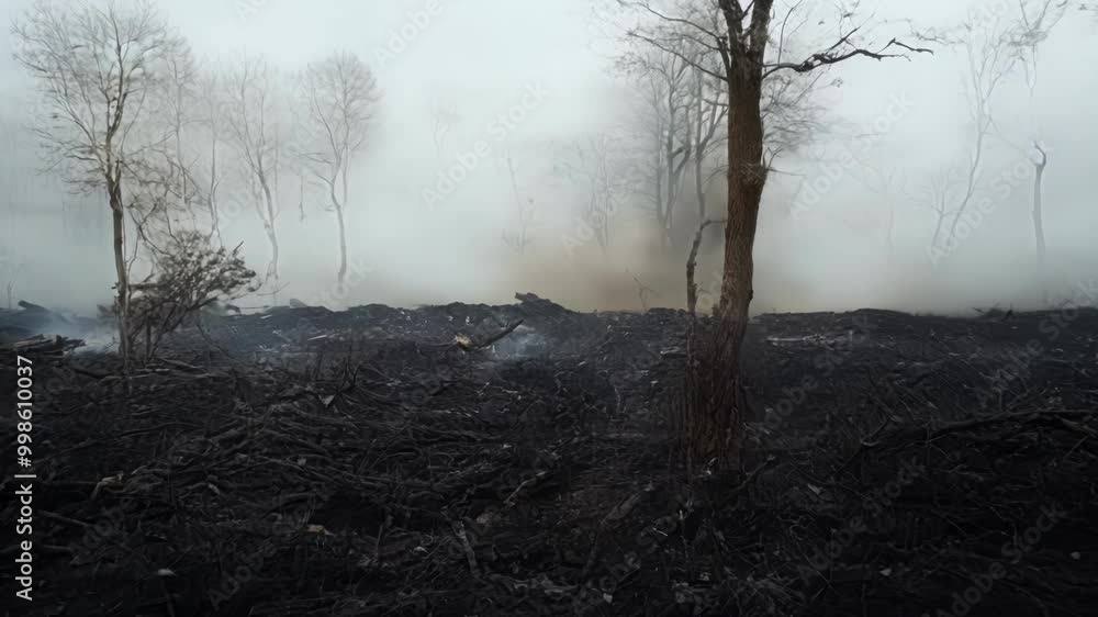 Poster smoke rises from charred ground after a forest fire, burning trees and damaging the environment