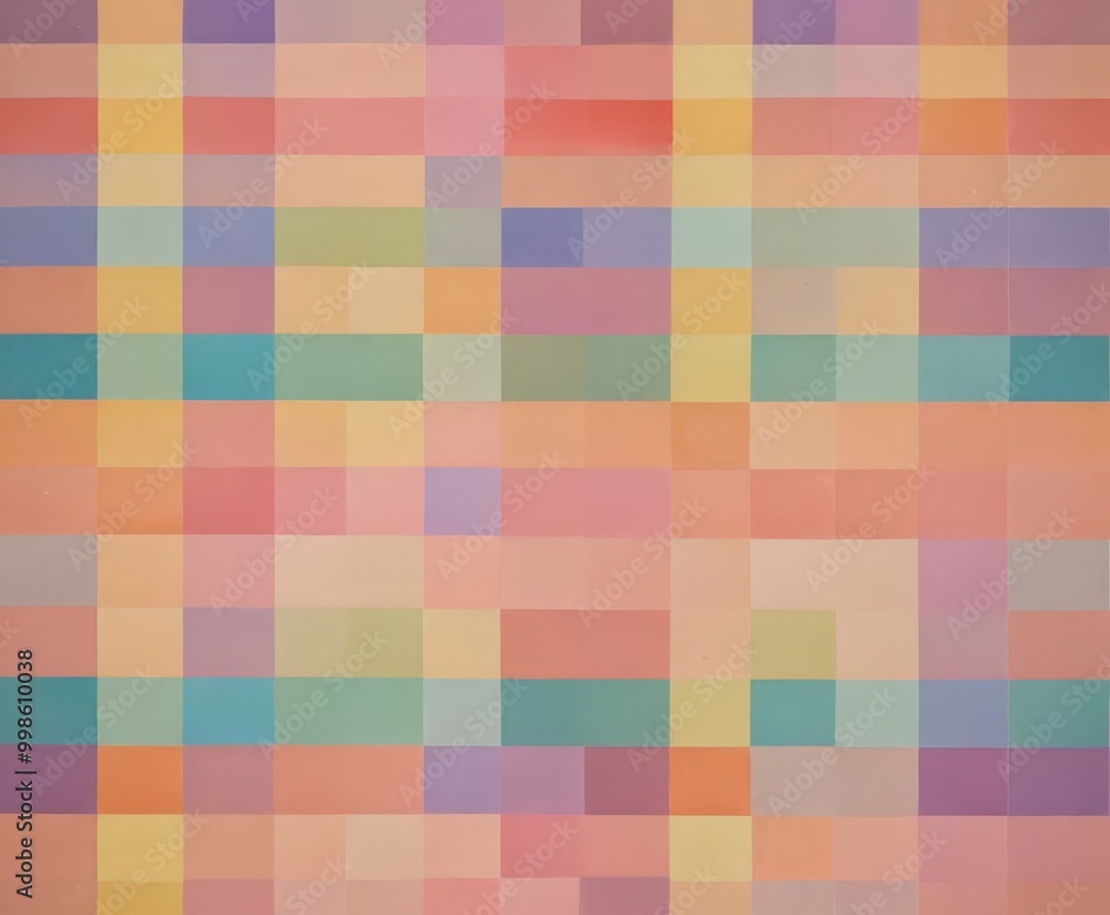 Poster a vibrant abstract composition featuring a grid of overlapping squares in a variety of pastel colors, including shades of pink, orange, yellow, green, blue,