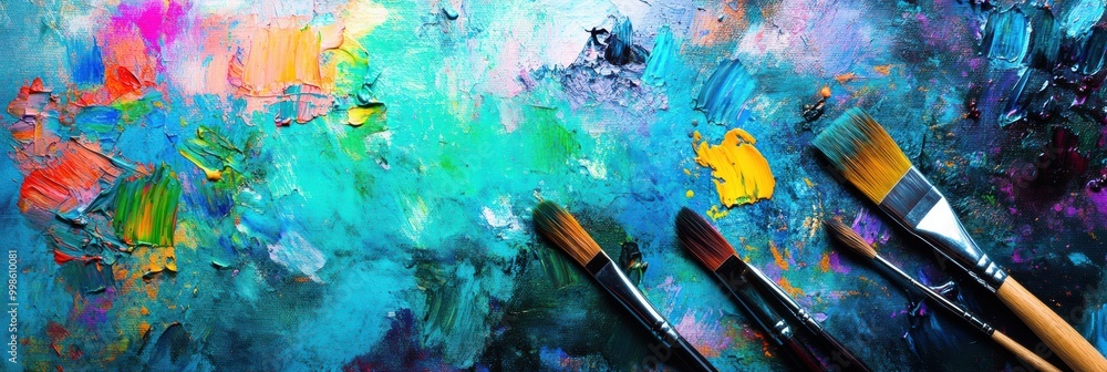 Poster bright splashes of color fill the palette, while paintbrushes lay against a stunning abstract canvas