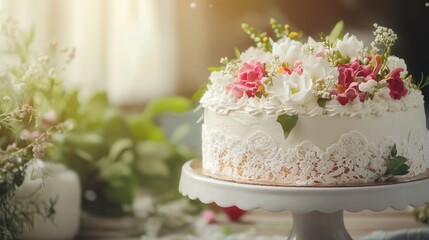 Fototapeta premium Minimalist Background Illustration for Birthday Invitations – Celebrate with Elegant Vector Design Featuring Cute Cake and Colorful Balloons. 