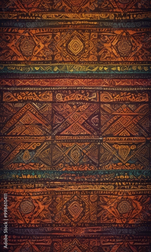 Poster a detailed, intricate pattern with a repeating geometric design in shades of orange, brown, and green The pattern is composed of various shapes and lines, creating a