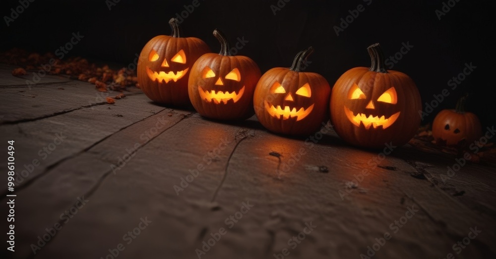 Poster four jack-o'-lanterns with carved faces are arranged in a row on a wooden surface, with fallen leave