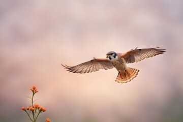Fototapeta premium A kestrel with yellow lilies on its back flying through the sky with a golden sunset, AI Generated