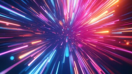 Fototapeta premium Colorful 3D render of an abstract background with neon rays and glowing lines, creating a vivid and bright spectrum of light