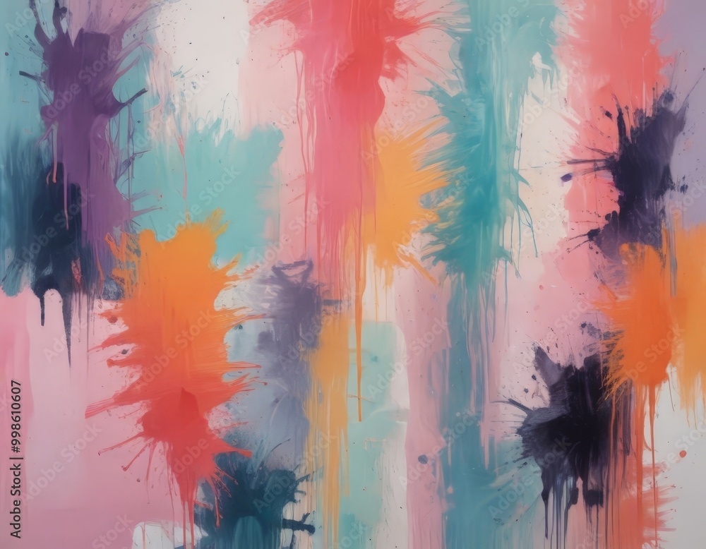 Poster abstract painting featuring a vibrant color palette of pink, orange, blue, and purple, with splashes
