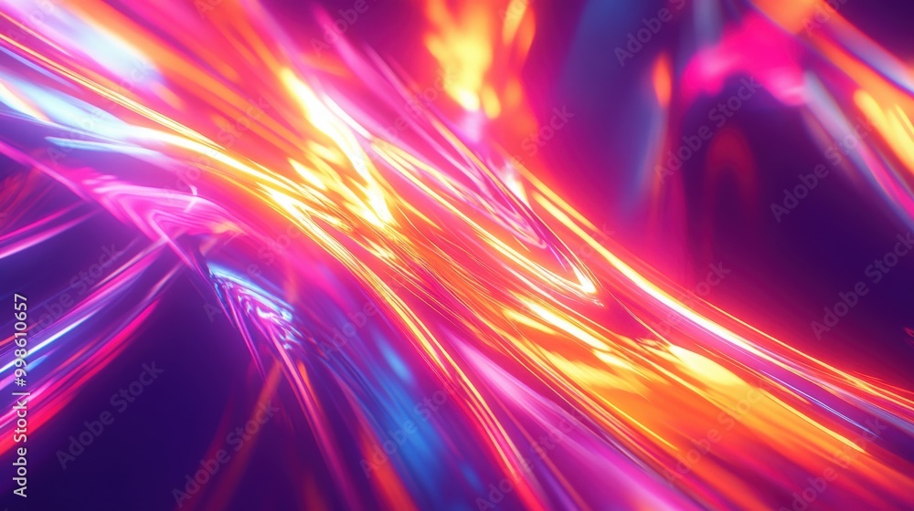 Poster colorful abstract 3d background with bright neon rays and glowing lines, creating a dynamic and lumi
