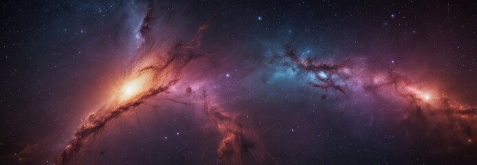 Obraz premium a vibrant cosmic scene, featuring a swirling nebula with a bright orange and red center, surrounded by a dark blue and purple background speckled with numerous stars